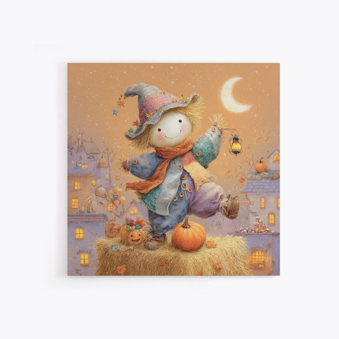 The Button-Nosed Scarecrow, Storybook Halloween Art, Square Wall Art, Canvas Print, Halloween Kids Decor, Whimsical Wall Art