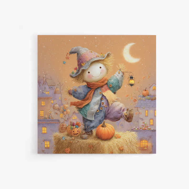 The Button-Nosed Scarecrow, Storybook Halloween Art, Square Wall Art, Canvas Print, Halloween Kids Decor, Whimsical Wall Art