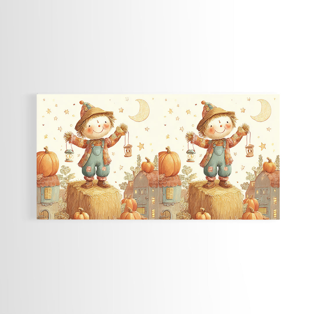 The Button-Nosed Scarecrow, Cute Halloween Wall Art, Wide Panoramic Art, Canvas Print, Halloween Kids Decor, Whimsical Wall Art
