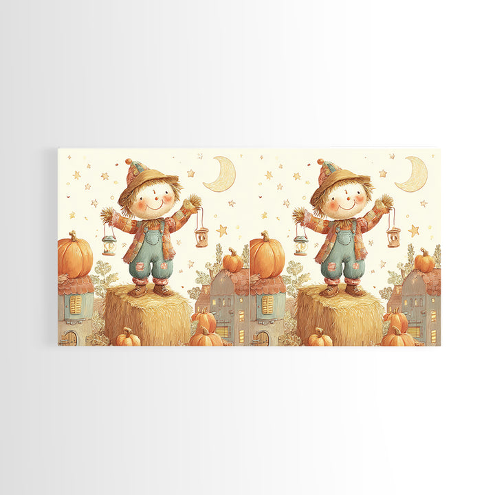 The Button-Nosed Scarecrow, Cute Halloween Wall Art, Wide Panoramic Art, Canvas Print, Halloween Kids Decor, Whimsical Wall Art