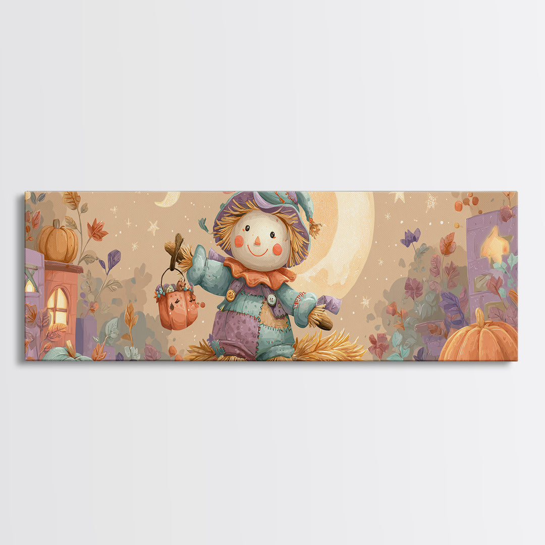 The Button-Nosed Scarecrow, Kids Halloween Decor, Extra Wide Wall Art, Canvas Print, Halloween Kids Decor, Whimsical Wall Art