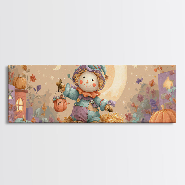 The Button-Nosed Scarecrow, Kids Halloween Decor, Extra Wide Wall Art, Canvas Print, Halloween Kids Decor, Whimsical Wall Art