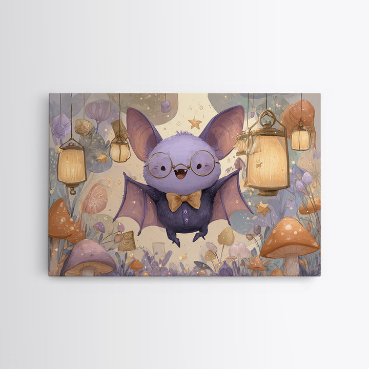 The Bow-Tie Bat, Kids Halloween Decor, Landscape Wall Art, Canvas Print, Halloween Kids Decor, Whimsical Wall Art, Spooky Wall Decor