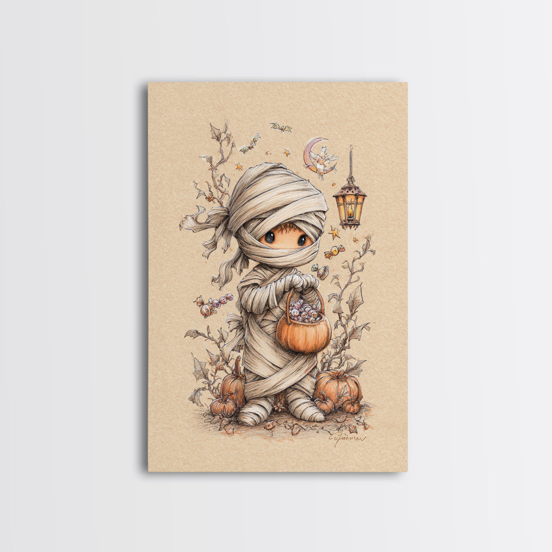 The Shy Little Mummy, Hand Sketch Halloween Art, Vertical Wall Art, Canvas Print, Cute Halloween Wall Art