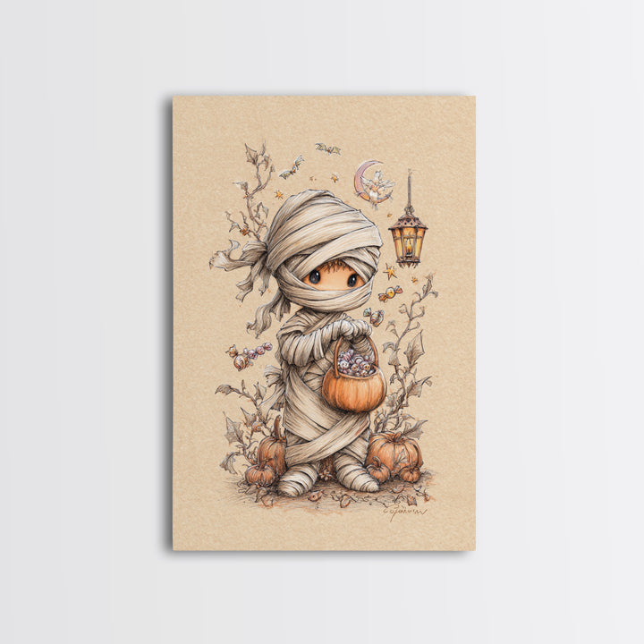 The Shy Little Mummy, Hand Sketch Halloween Art, Vertical Wall Art, Canvas Print, Cute Halloween Wall Art