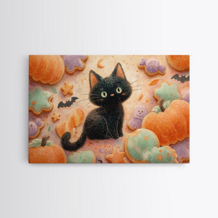 The Black Cat Baker, Watercolor Halloween Art, Landscape Wall Art, Framed Canvas Print, Cute Halloween Wall Art