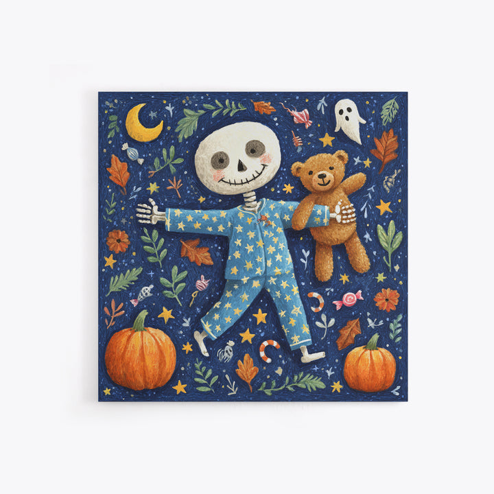 The Pajama Skeleton, Gouache Halloween Art, Square Wall Art, Canvas Print, Cute Halloween Wall Art, Halloween Kids Decor