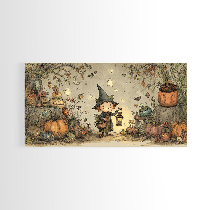 The Acorn Goblin, Crayon Halloween Art, Wide Panoramic Art, Framed Canvas Print, Cute Halloween Wall Art