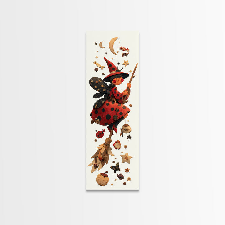 The Ladybug Witch, Paper Collage Halloween, Tall Narrow Wall Art, Framed Canvas Print, Cute Halloween Wall Art