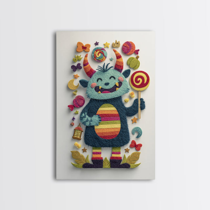 The Rainbow Monster, Felt Halloween Art, Vertical Wall Art, Canvas Print, Cute Halloween Wall Art, Whimsical Nursery Decor