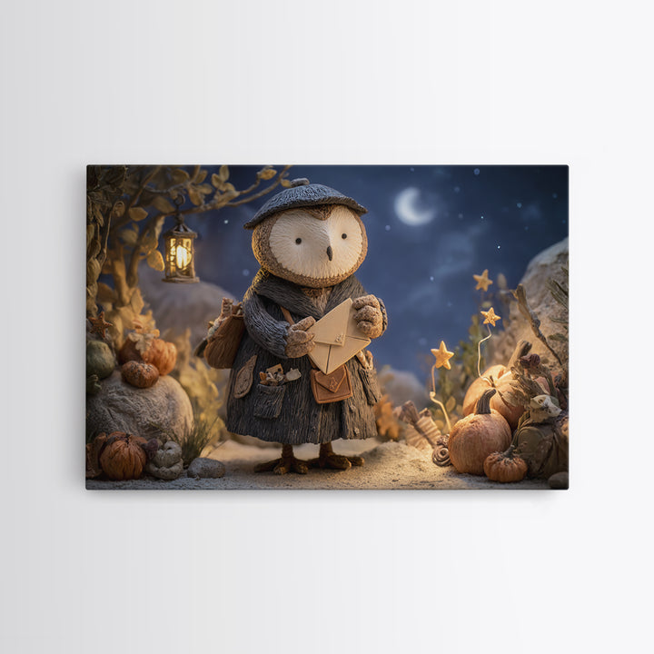The Owl Postmaster, Clay Halloween Art, Landscape Wall Art, Framed Canvas Print, Cute Halloween Wall Art