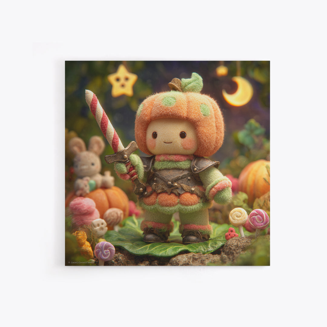 The Pumpkin Knight, Plush Halloween Art, Square Wall Art, Canvas Print, Cute Halloween Wall Art, Halloween Kids Decor