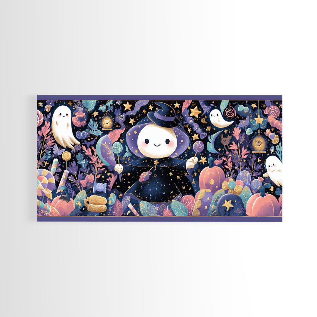 The Star-Cape Magician, Kawaii Halloween Art, Wide Panoramic Art, Framed Canvas Print, Cute Halloween Wall Art