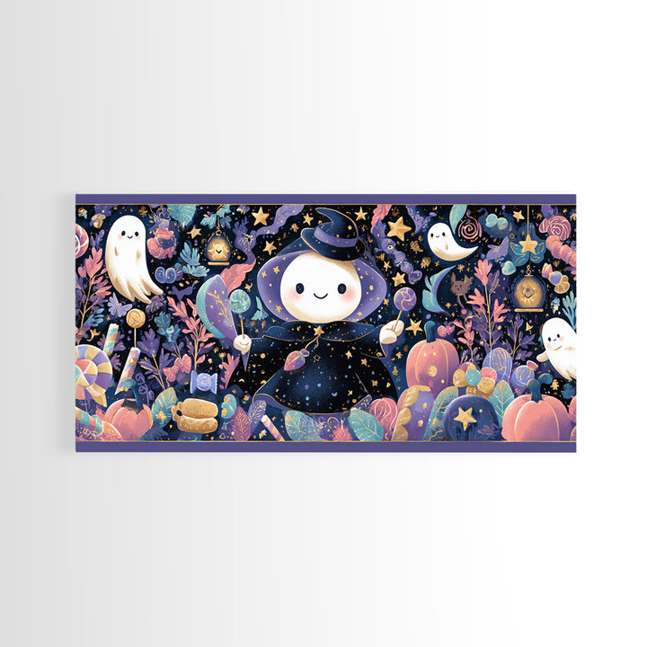 The Star-Cape Magician, Kawaii Halloween Art, Wide Panoramic Art, Framed Canvas Print, Cute Halloween Wall Art