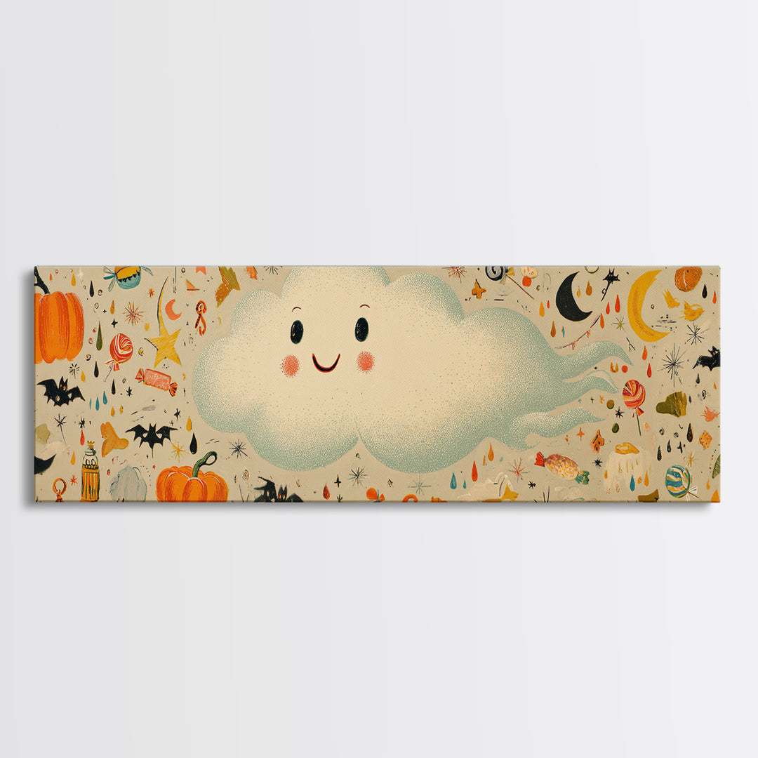 The Cloud Ghost, Retro Halloween Art, Extra Wide Wall Art, Canvas Print, Cute Halloween Wall Art, Cozy Autumn Kids Decor