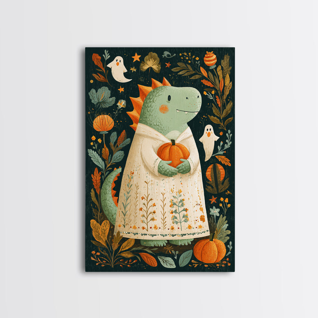 The Sleepy Costume Dragon, Folk Halloween Art, Vertical Wall Art, Canvas Print, Cute Halloween Wall Art