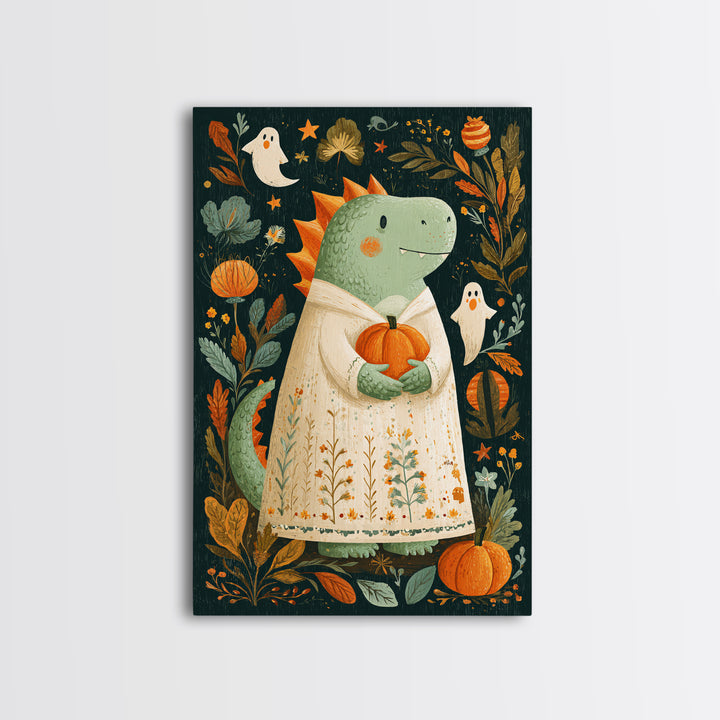 The Sleepy Costume Dragon, Folk Halloween Art, Vertical Wall Art, Canvas Print, Cute Halloween Wall Art