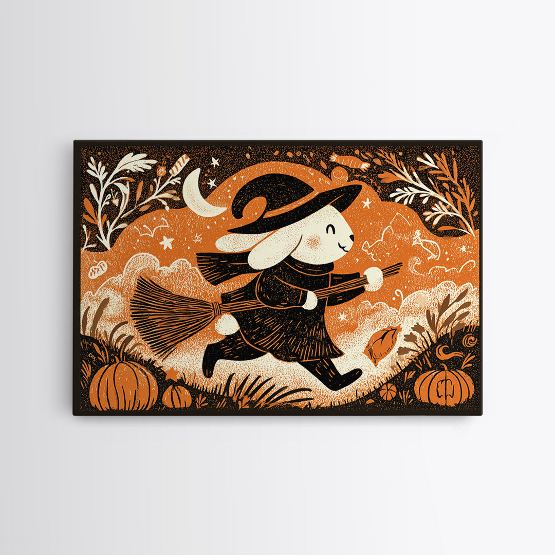 The Bunny Witch, Linocut Halloween Art, Landscape Wall Art, Framed Canvas Print, Cute Halloween Wall Art