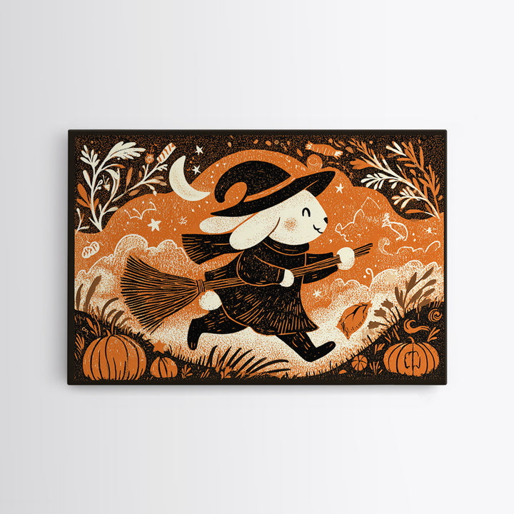 The Bunny Witch, Linocut Halloween Art, Landscape Wall Art, Framed Canvas Print, Cute Halloween Wall Art
