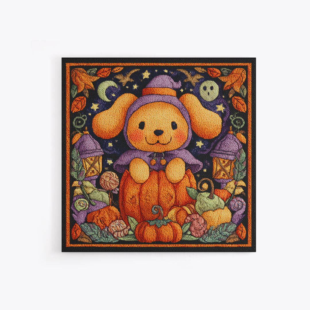The Pumpkin Puppy, Embroidered Halloween Art, Square Wall Art, Canvas Print, Cute Halloween Wall Art