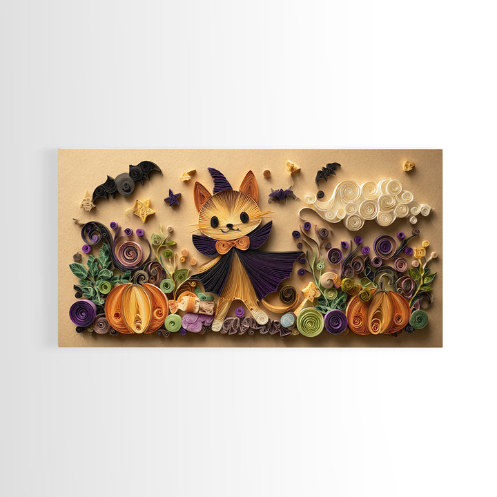 The Kitten Vampire, Quilled Halloween Art, Wide Panoramic Art, Framed Canvas Print, Cute Halloween Wall Art
