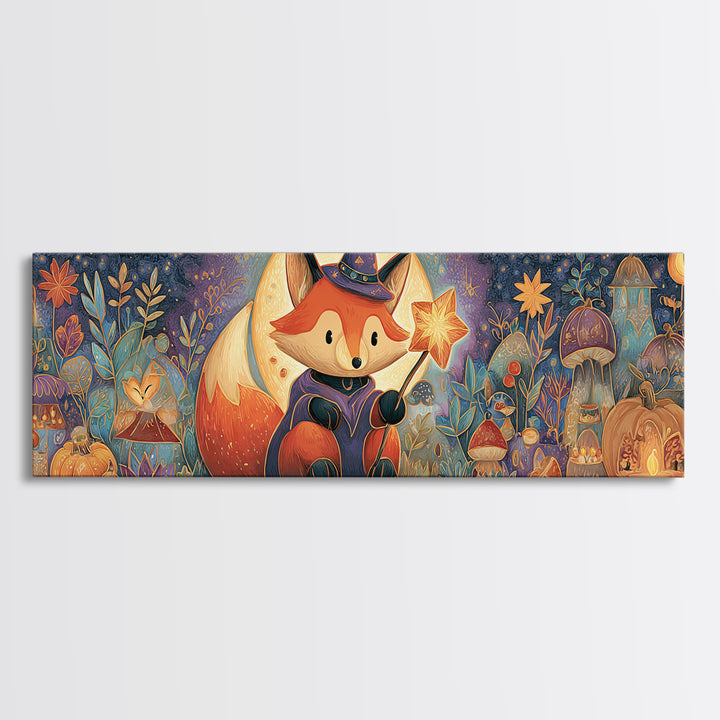 The Fox Wizard, Stained Glass Halloween, Extra Wide Wall Art, Canvas Print, Cute Halloween Wall Art, Cozy Autumn Kids Decor