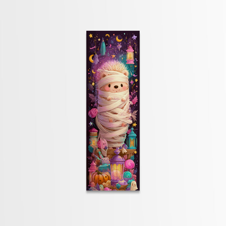 The Hedgehog Mummy, Vaporwave Halloween Art, Tall Narrow Wall Art, Framed Canvas Print, Cute Halloween Wall Art