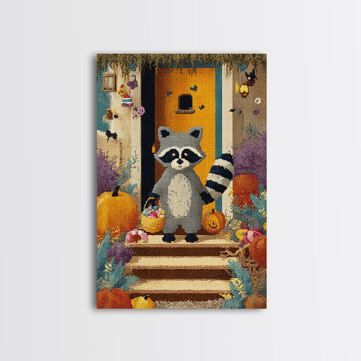 The Raccoon Trick-Or-Treater, Pixel Halloween Art, Vertical Wall Art, Canvas Print, Cute Halloween Wall Art