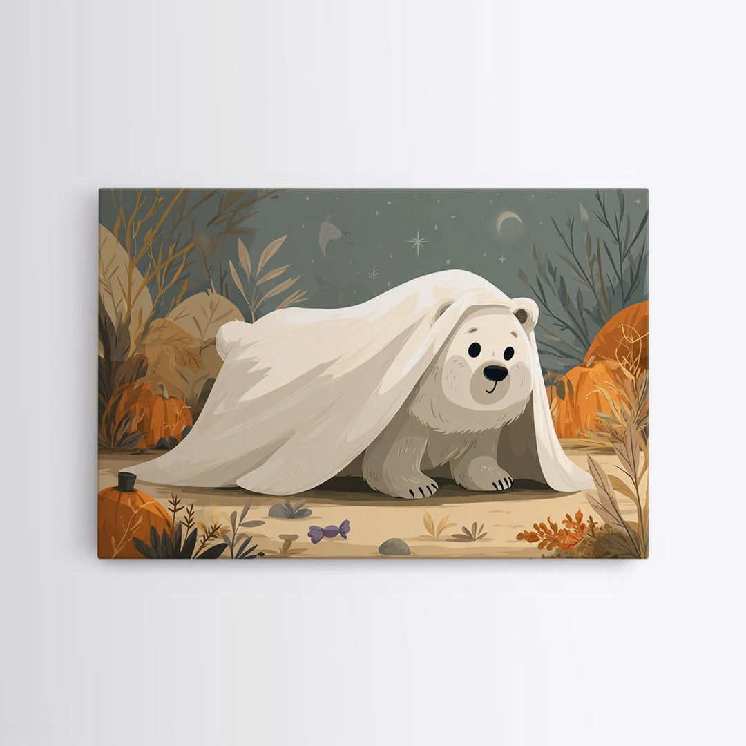 The Bear Cub Ghost, Vector Halloween Art, Landscape Wall Art, Framed Canvas Print, Cute Halloween Wall Art