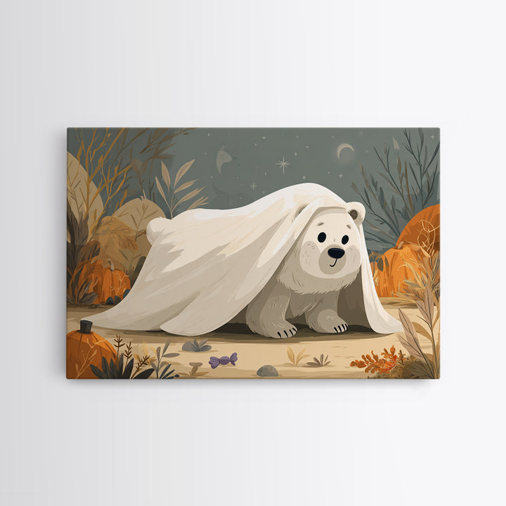 The Bear Cub Ghost, Vector Halloween Art, Landscape Wall Art, Framed Canvas Print, Cute Halloween Wall Art