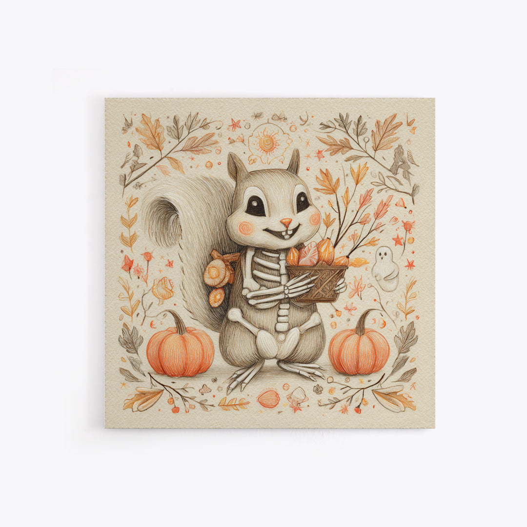 The Squirrel Skeleton, Hand Sketch Halloween Art, Square Wall Art, Canvas Print, Cute Halloween Wall Art