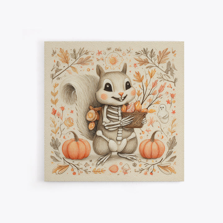 The Squirrel Skeleton, Hand Sketch Halloween Art, Square Wall Art, Canvas Print, Cute Halloween Wall Art