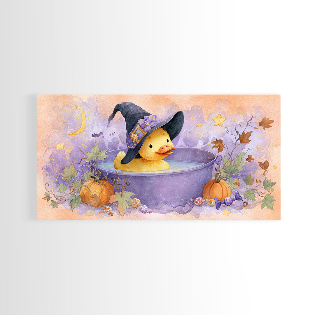 The Duckling Witch, Watercolor Halloween Art, Wide Panoramic Art, Framed Canvas Print, Cute Halloween Wall Art