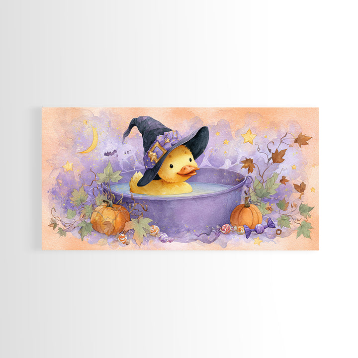 The Duckling Witch, Watercolor Halloween Art, Wide Panoramic Art, Framed Canvas Print, Cute Halloween Wall Art