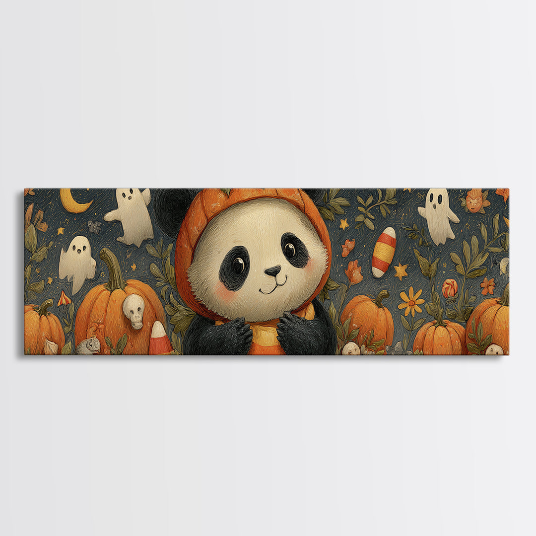 The Panda Pumpkin, Gouache Halloween Art, Extra Wide Wall Art, Canvas Print, Cute Halloween Wall Art