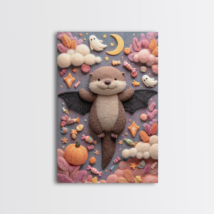The Bat-Winged Otter, Pastel Halloween Art, Vertical Wall Art, Canvas Print, Cute Halloween Wall Art