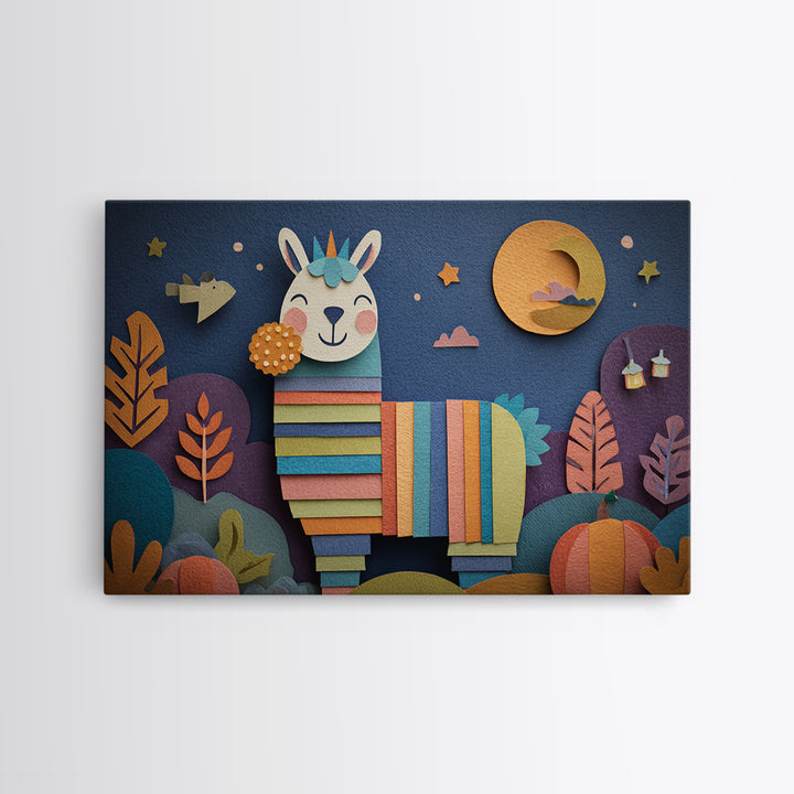 The Llama Mummy, Paper Collage Halloween, Landscape Wall Art, Framed Canvas Print, Cute Halloween Wall Art