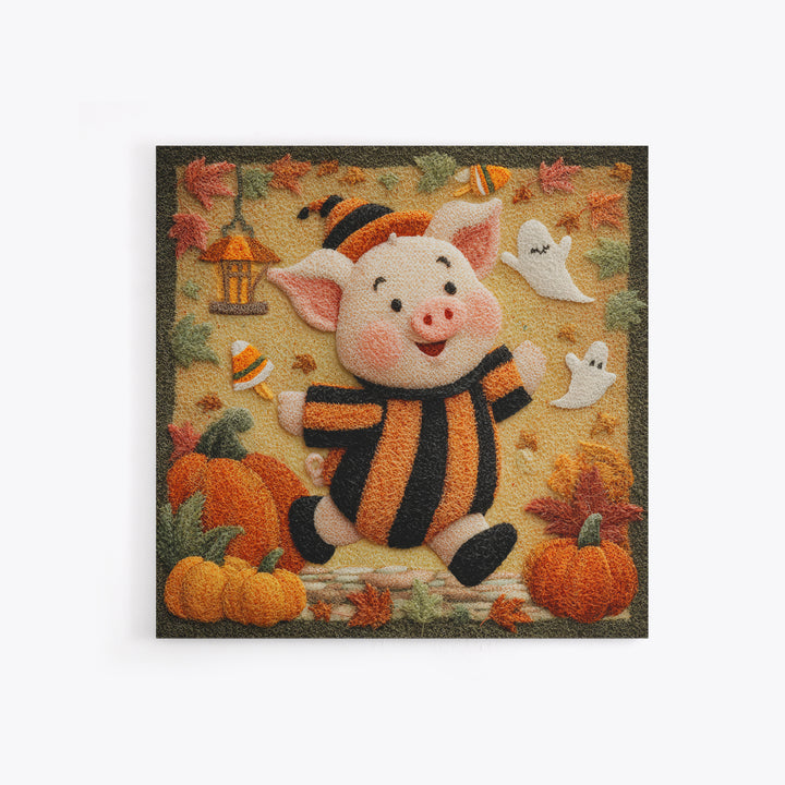 The Candy Corn Piglet, Felt Halloween Art, Square Wall Art, Canvas Print, Cute Halloween Wall Art, Halloween Kids Decor
