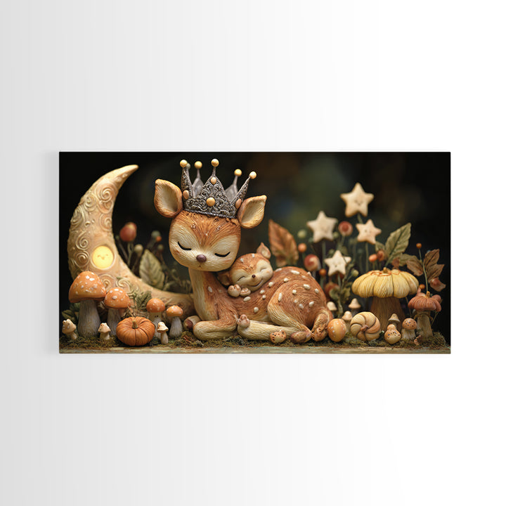 The Moon Princess Deer, Clay Halloween Art, Wide Panoramic Art, Framed Canvas Print, Cute Halloween Wall Art