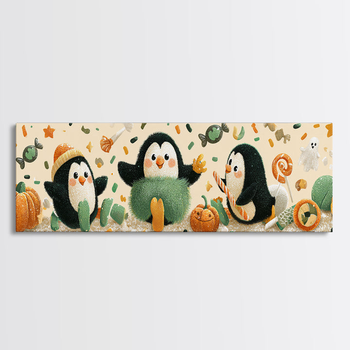 The Penguin Monster, Plush Halloween Art, Extra Wide Wall Art, Canvas Print, Cute Halloween Wall Art