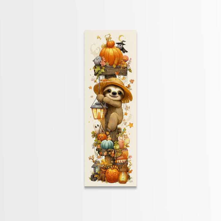 The Scarecrow Sloth, Kawaii Halloween Art, Tall Narrow Wall Art, Framed Canvas Print, Cute Halloween Wall Art