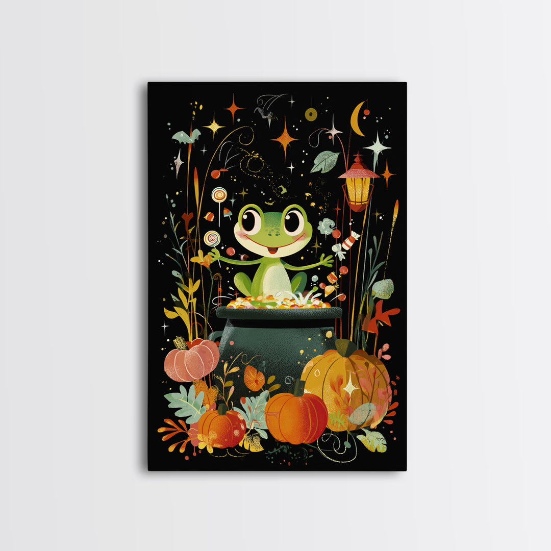 The Cauldron Frog, Retro Halloween Art, Vertical Wall Art, Canvas Print, Cute Halloween Wall Art, Whimsical Nursery Decor