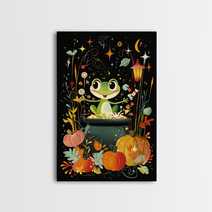 The Cauldron Frog, Retro Halloween Art, Vertical Wall Art, Canvas Print, Cute Halloween Wall Art, Whimsical Nursery Decor
