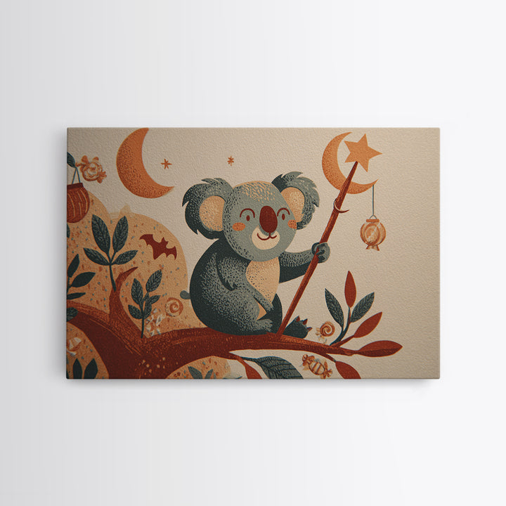 The Koala Wizard, Screenprint Halloween Art, Landscape Wall Art, Framed Canvas Print, Cute Halloween Wall Art