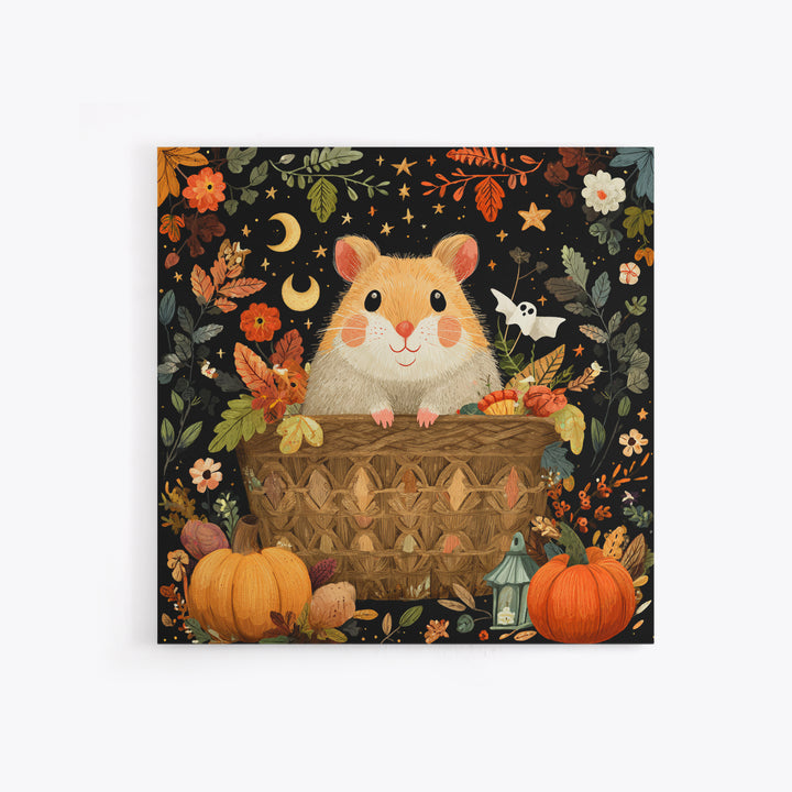 The Pumpkin Hamster, Folk Halloween Art, Square Wall Art, Canvas Print, Cute Halloween Wall Art, Halloween Kids Decor
