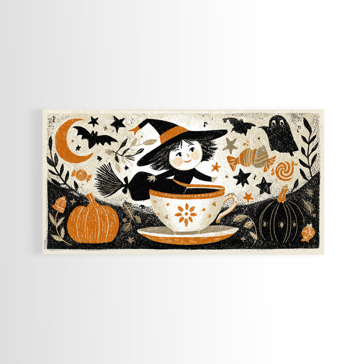 The Teacup Witch, Linocut Halloween Art, Wide Panoramic Art, Framed Canvas Print, Cute Halloween Wall Art