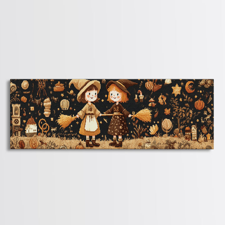 The Twin Broomstick Witches, Embroidered Halloween Art, Extra Wide Wall Art, Canvas Print, Cute Halloween Wall Art