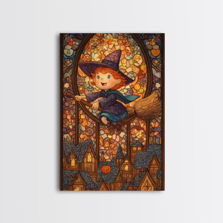 The Witch With A Balloon Broom, Stained Glass Halloween, Vertical Wall Art, Canvas Print, Cute Halloween Wall Art