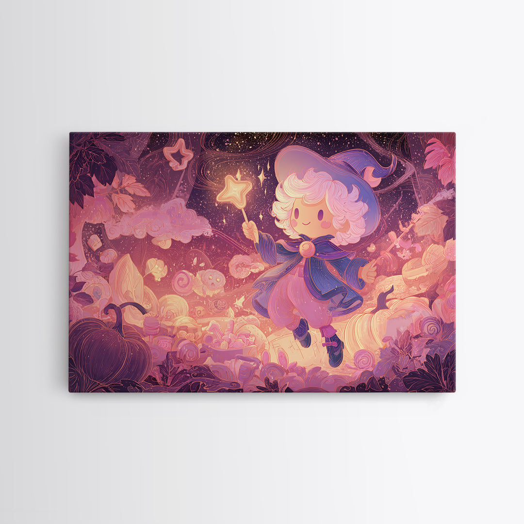 The Cookie Spellcaster, Vaporwave Halloween Art, Landscape Wall Art, Framed Canvas Print, Cute Halloween Wall Art