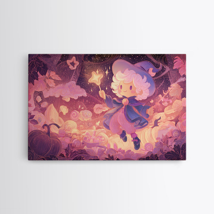 The Cookie Spellcaster, Vaporwave Halloween Art, Landscape Wall Art, Framed Canvas Print, Cute Halloween Wall Art
